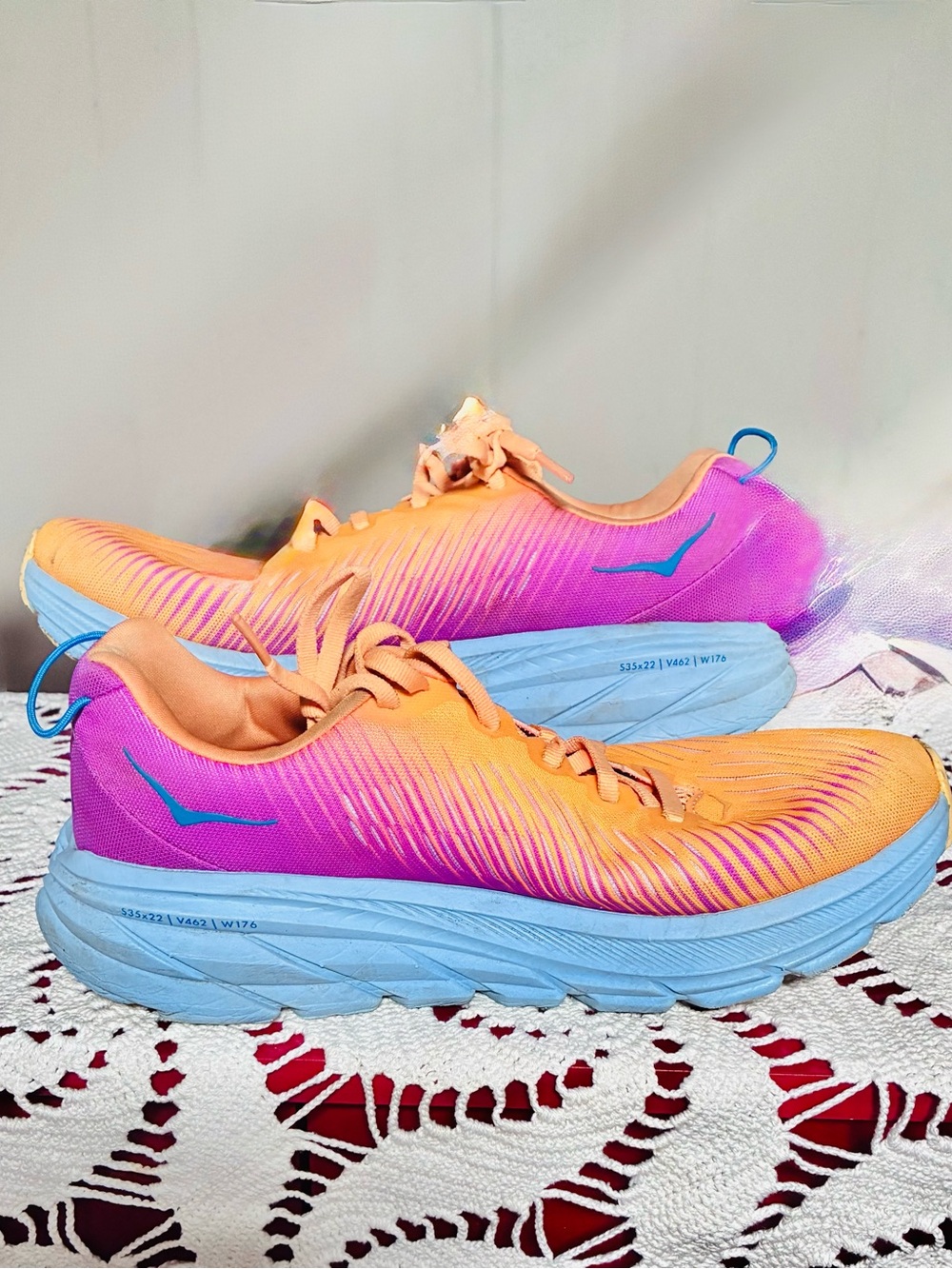 Hoka One One Gradient Orange to Pink Running Shoes with Blue Sole